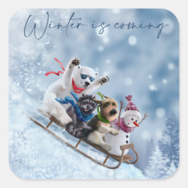 Pegatina Cuadrada Los animales bajan en trineo por la montaña