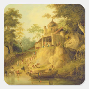 Pegatina Cuadrada Los bancos del Ganges, c.1820-30 (aceite en lona)