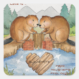 Pegatina Cuadrada Los castores enamorados
