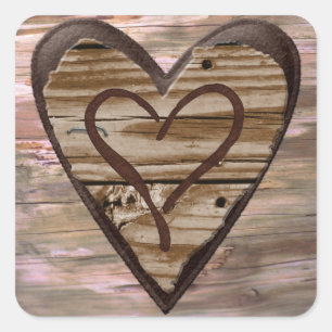 Pegatina Cuadrada Los corazones rústicos de madera aman a los pegati