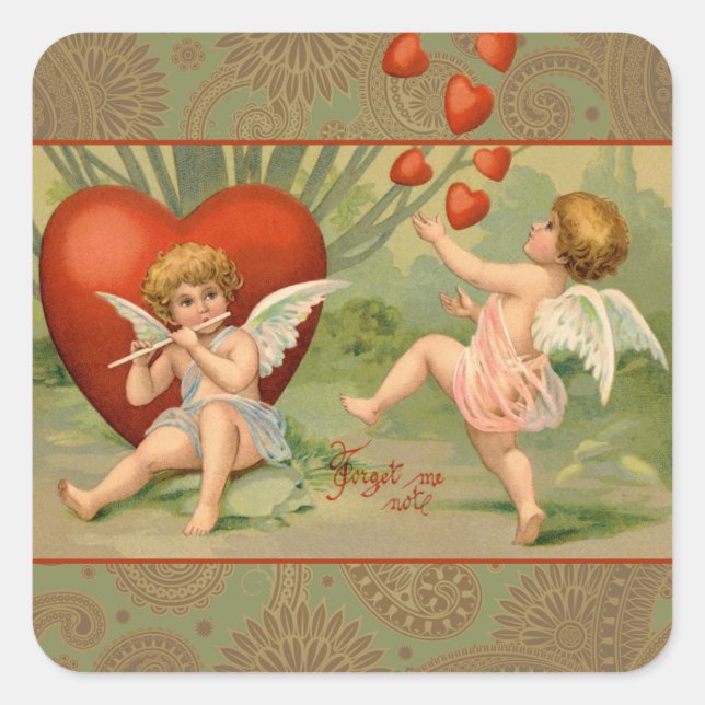 Pegatina Cuadrada Los Cupidos de San Valentín aman la antigua cosech (Anverso)