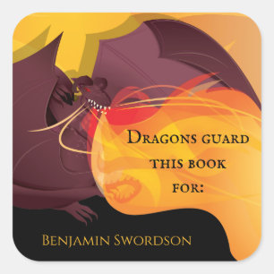 Pegatina Cuadrada Los dragones protegen este libro Fire Purple Red B