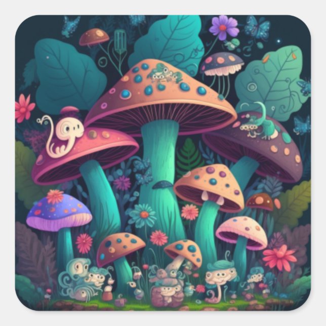 Pegatina Cuadrada Los elfos de hongos en el campo (Anverso)