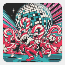 Pegatina Cuadrada Los elfos de Santa Candy Canes bailan bajo disco