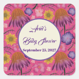 Pegatina Cuadrada Los encantadores Baby Shower rosados con flores si