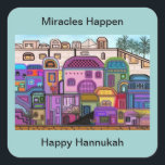 Pegatina Cuadrada Los milagros ocurren en los Pegatinas de Hannukah<br><div class="desc">Ilustracion gráfico del tapiz de colores en la ciudad de Jerusalén. Personalizar a estos pegatinas con su elección de color de fondo y mensaje. Obra original de Magins Creations.</div>