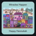 Pegatina Cuadrada Los milagros ocurren en los Pegatinas de Hannukah<br><div class="desc">Ilustracion gráfico del tapiz de colores en la ciudad de Jerusalén. Personalizar a estos pegatinas con su elección de color de fondo y mensaje. Obra original de Magins Creations.</div>