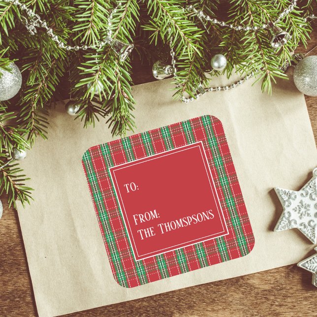 Pegatina Cuadrada Los navidades rojaron y verde a (Christmas holiday square sticker with red and green plaid pattern. )