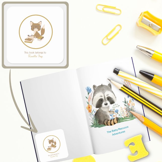 Pegatina Cuadrada Los niños etiquetan a los niños leyendo (Kids Reading Books Woodland Animal Fox Personalized Bookplate )