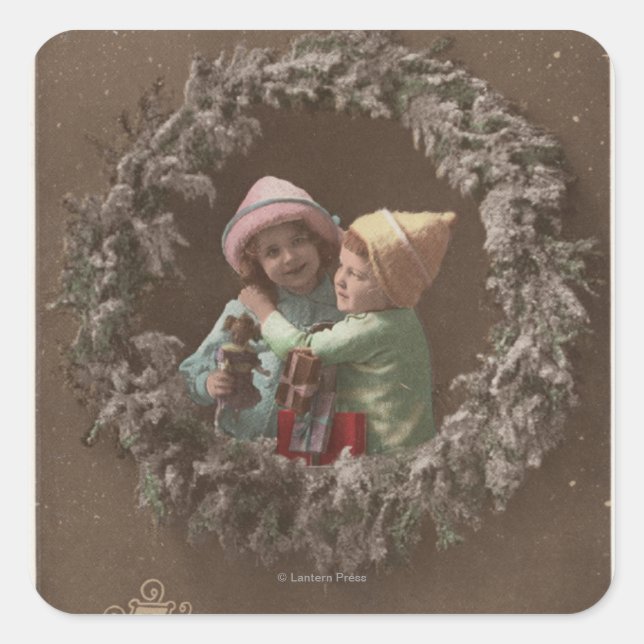 Pegatina Cuadrada Los niños pequeños abrazando (Anverso)