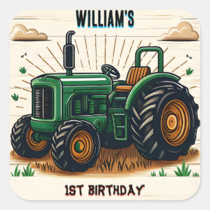 Pegatina Cuadrada Los niños retro chico genial tractor primer cumple