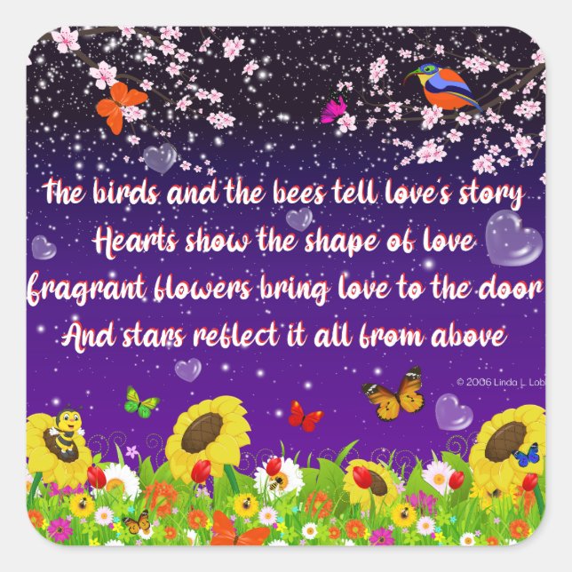 Pegatina Cuadrada Los pájaros y los pegatinas de las abejas (Anverso)