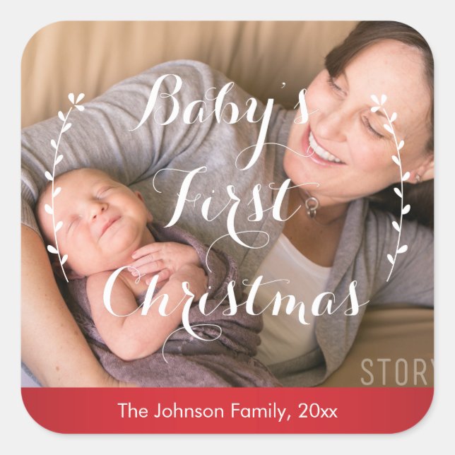 Pegatina Cuadrada Los primeros Pegatinas de fotos navideñas del bebé (Anverso)