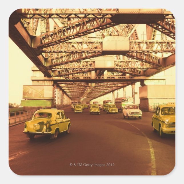 Pegatina Cuadrada Los taxis en un puente (Anverso)