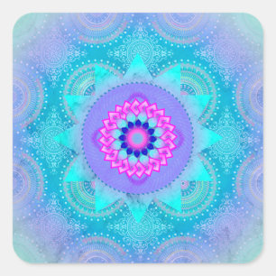 Pegatina Cuadrada Lotus Bloom Turquoise Mandala