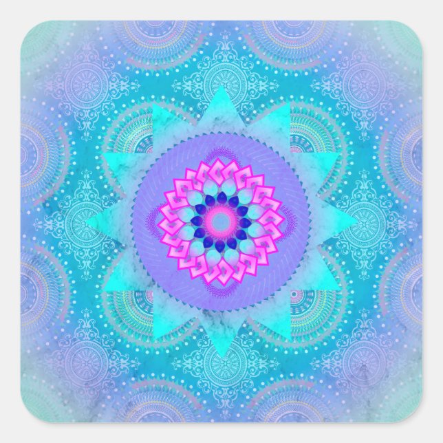 Pegatina Cuadrada Lotus Bloom Turquoise Mandala (Anverso)