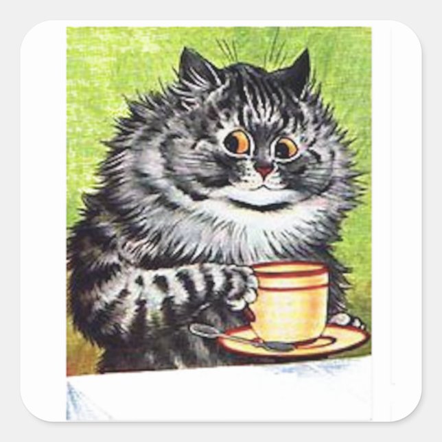Pegatina Cuadrada Louis Wain, Cat and Coffee Cup, (Anverso)