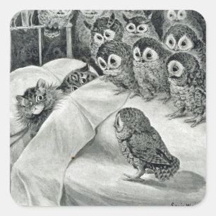 Pegatina Cuadrada Louis Wain Cat Nightmare Owl Bird
