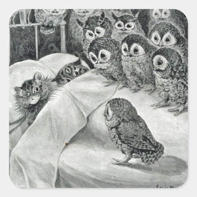 Pegatina Cuadrada Louis Wain Cat Nightmare Owl Bird (Anverso)