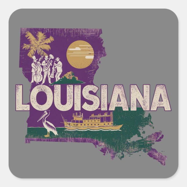 Pegatina Cuadrada Louisiana Retro State Silhouette (Anverso)