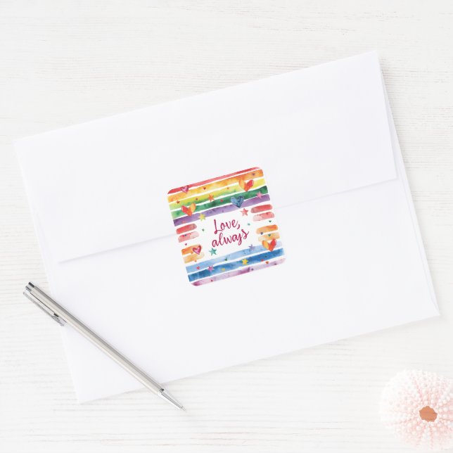 Pegatina Cuadrada Love Always Rainbow Sticker, Watercolor Heart (Sobre)