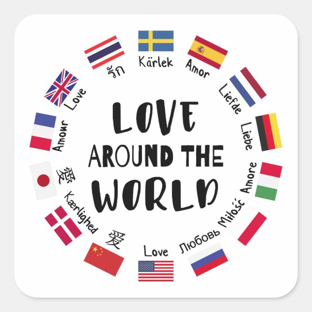 Pegatina Cuadrada Love Around the World Languages  (Anverso)