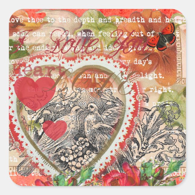 Pegatina Cuadrada Love Birds Heart Red Art Collage (Anverso)
