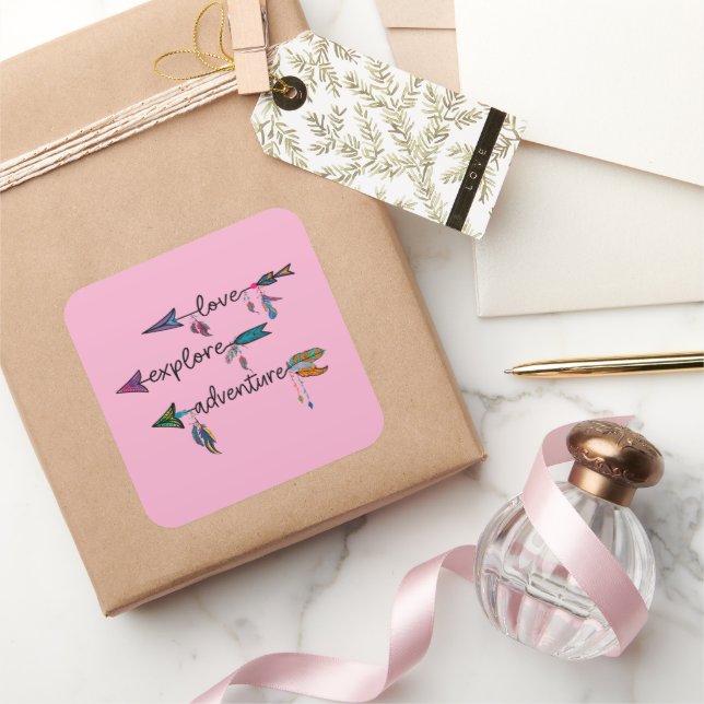 Pegatina Cuadrada Love Explore Adventure Arrow Tribal Boho Design (Regalar)