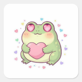 Pegatina Cuadrada Love Frog Sticker Cute Romantic Frog Heart Kawaii 