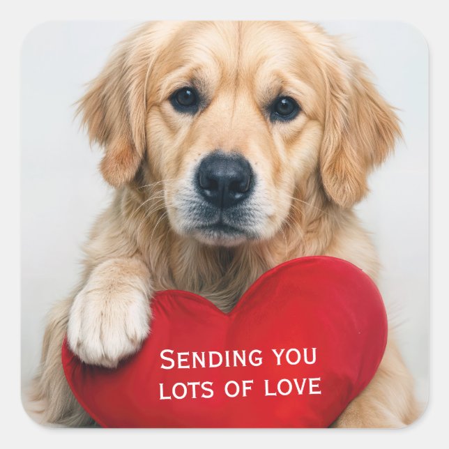 Pegatina Cuadrada Love Golden Retriever With a Red Heart Pillow (Anverso)