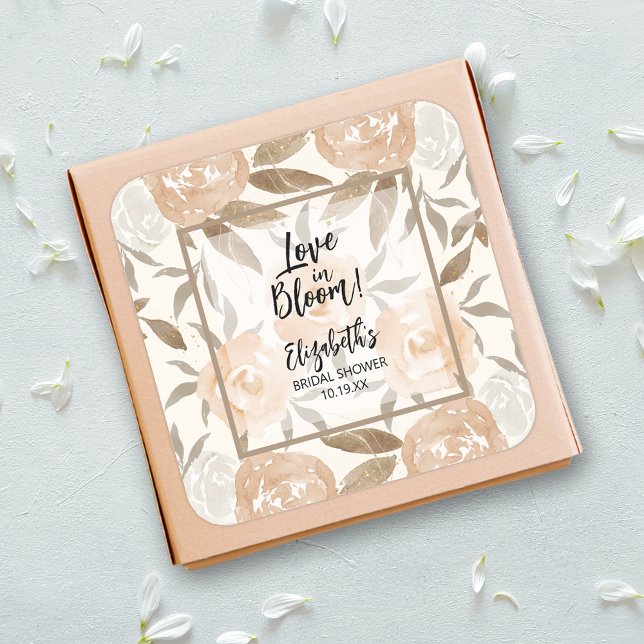 Pegatina Cuadrada Love in Bloom Flor de melocotón (Love in Bloom Peach Floral Square 3 inch Stickers)