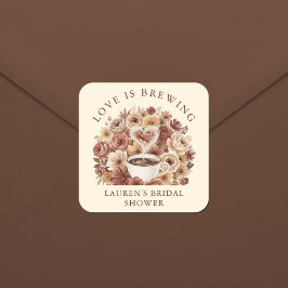 Pegatina Cuadrada Love is Brewing Brown Floral Coffee Heart Bridal