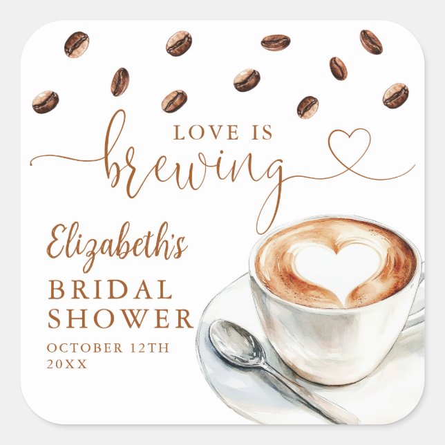 Pegatina Cuadrada Love Is Brewing Coffee Bridal Shower Favor (Anverso)