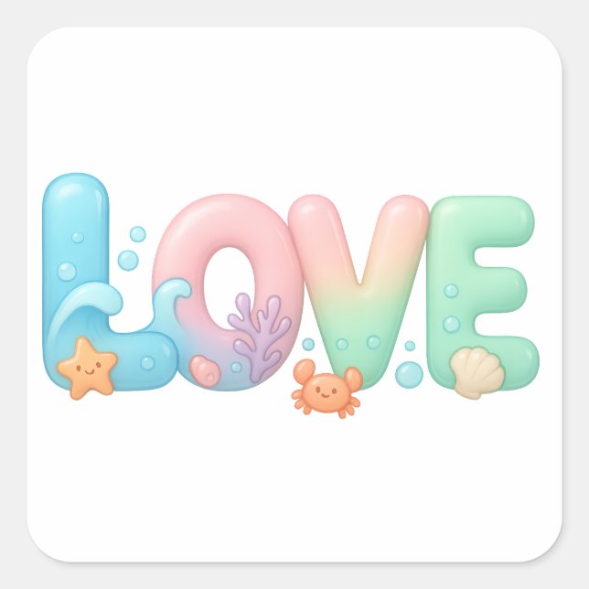 Pegatina Cuadrada Love Pastel Ocean Glossy Word (Anverso)