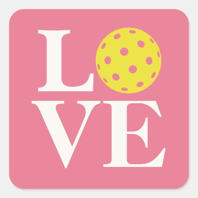 Pegatina Cuadrada "LOVE" Pickleball Chicle Rosa Burbuja (Anverso)