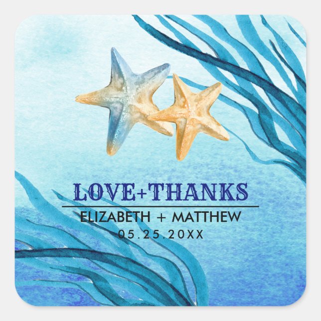 Pegatina Cuadrada Love & Thanks. Beach Starfish Wedding (Anverso)