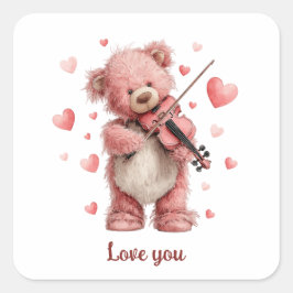 Pegatina Cuadrada Love You Teddy with Violin