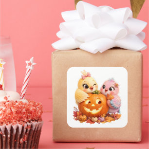 Pegatina Cuadrada Lovely Halloween Birds Jack O Lantern