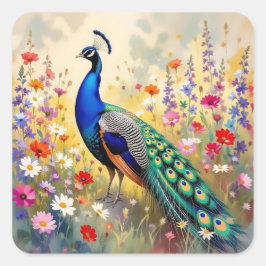 Pegatina Cuadrada Lovely Peacock en Campo de Flores