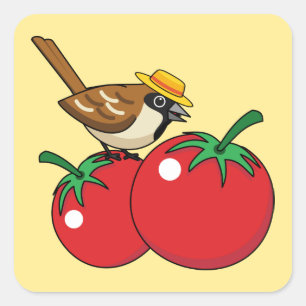 Pegatina Cuadrada Lover Sparrow Orgánico come tomate rojo