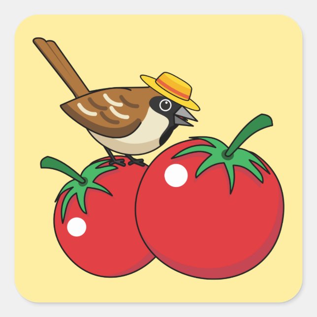 Pegatina Cuadrada Lover Sparrow Orgánico come tomate rojo (Anverso)
