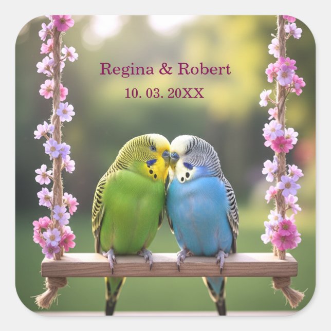 Pegatina Cuadrada Loving Budgie Couple on Swing Custom Wedding Favor (Anverso)