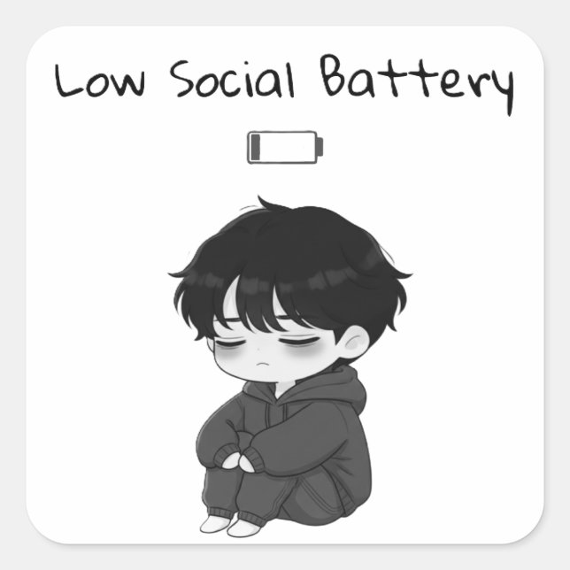 Pegatina Cuadrada Low Social Battery Relatable Chibi Boy (Anverso)