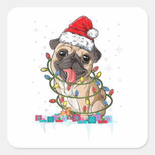 Pegatina Cuadrada Luces de árbol de Navidad Pug Santa Perro Regalos 