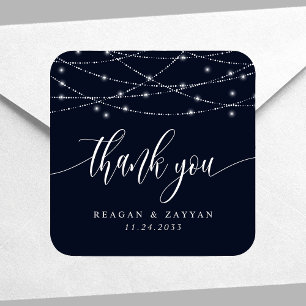 Pegatina Cuadrada Luces de Cadena Azul Marino Elegante Agradecimient
