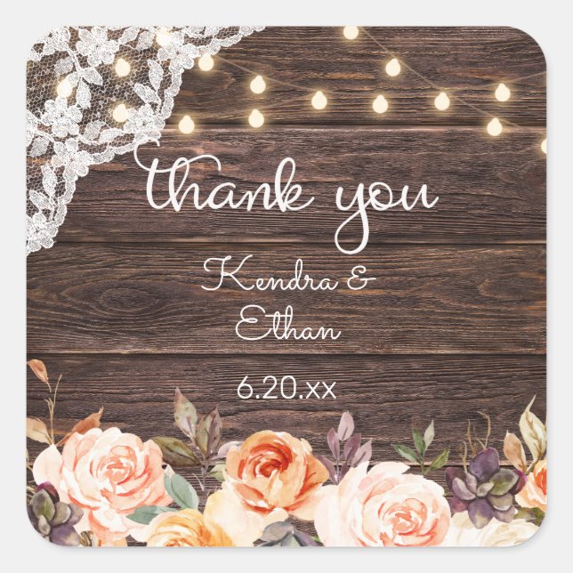 Pegatina Cuadrada Luces de encaje de madera, Rubor & Peach Floral (Anverso)