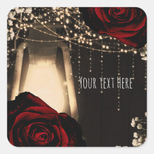 Pegatina Cuadrada Luces de Linterna Rustic Glow Rosas Bodas Rojo Osc