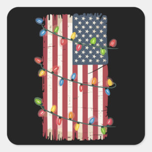 Pegatina Cuadrada Luces de Navidad Bandera de EE. UU. Patriótico Vet