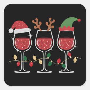 Pegatina Cuadrada Luces de Navidad en copa de vino regalos de Navida