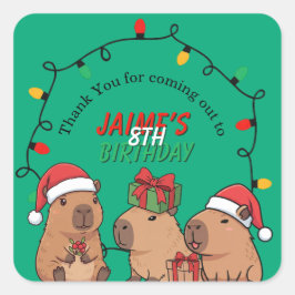 Pegatina Cuadrada Luces de Navidad para Cumpleaños de Capybara
